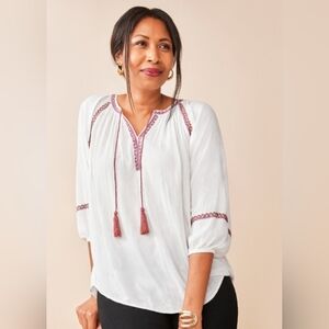 Northern Reflections White Oversized Peasant Blouse Embroidered Detail Sz Large